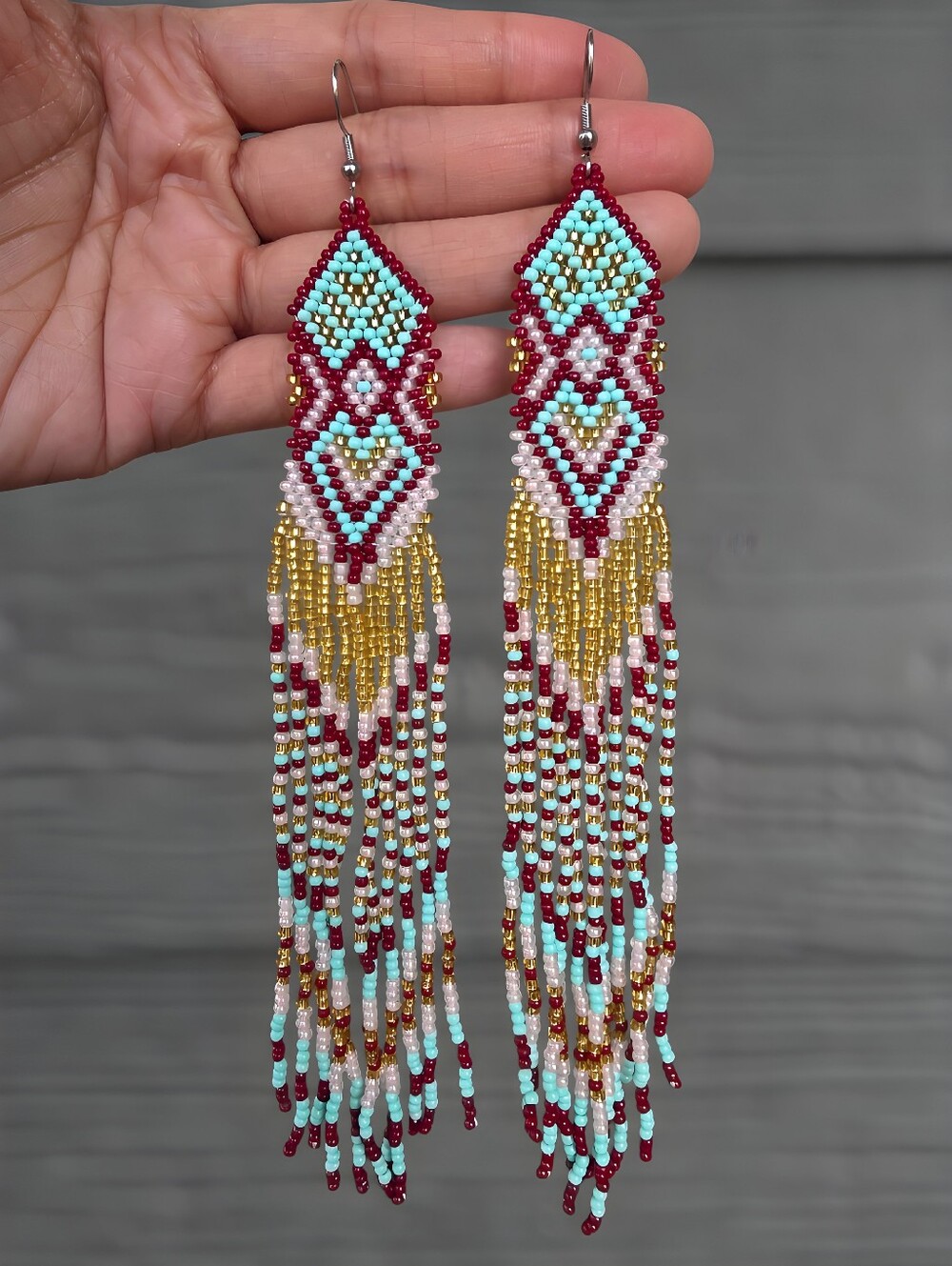 Long Southwestern Boho Beaded Fringe Earrings Handmade Seed Bead - Red Pink